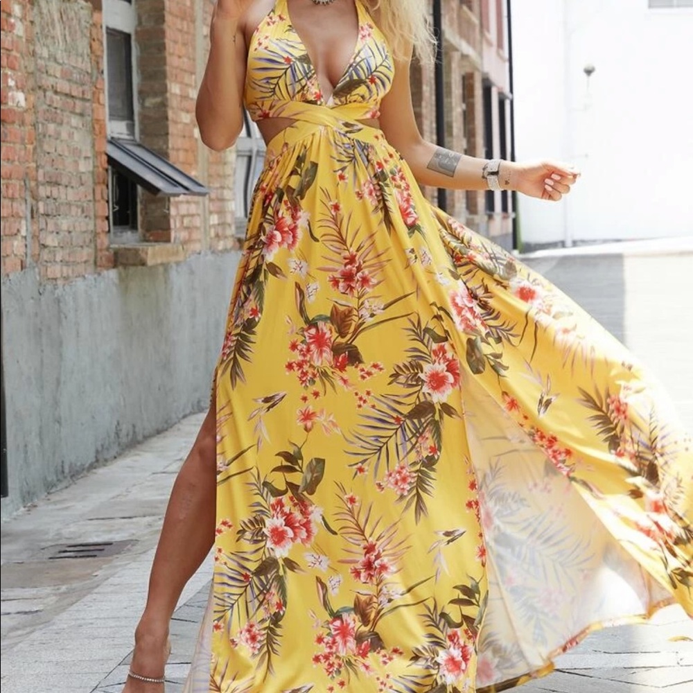 SHEIN Floral Neck Tie Maxi Dress